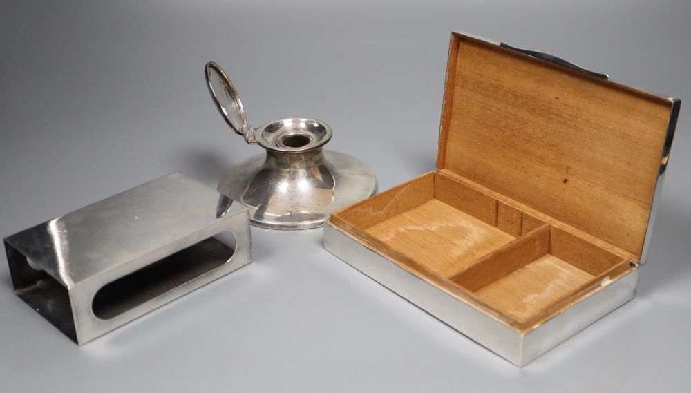 An 800 standard matchbox holder, and cigarette box and a silver capstan inkwell.